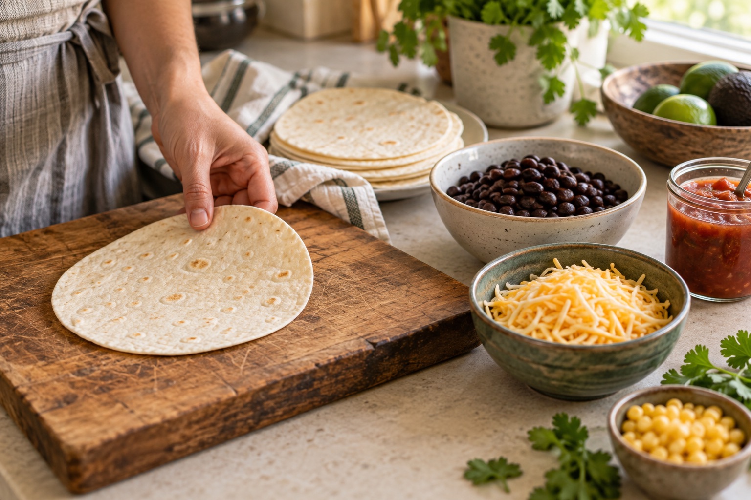 Tortillas, black beans, shredded cheese, and salsa laid out for bean quesadillas.