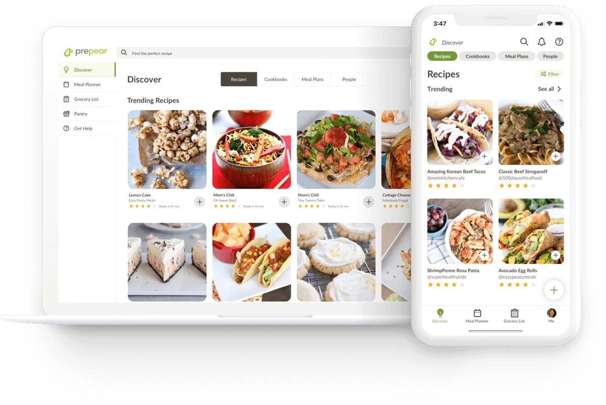 Prepear recipe discovery shown on a computer and a phone