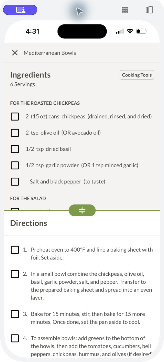 Prepear Cook Mode showing Mediterranean Bowls ingredients above recipe directions, with checkboxes beside both