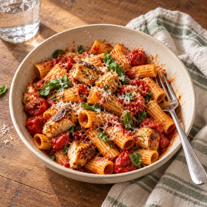 Chicken and tomato rigatoni with a fork, striped napkin, and water glass on a wooden dinner table