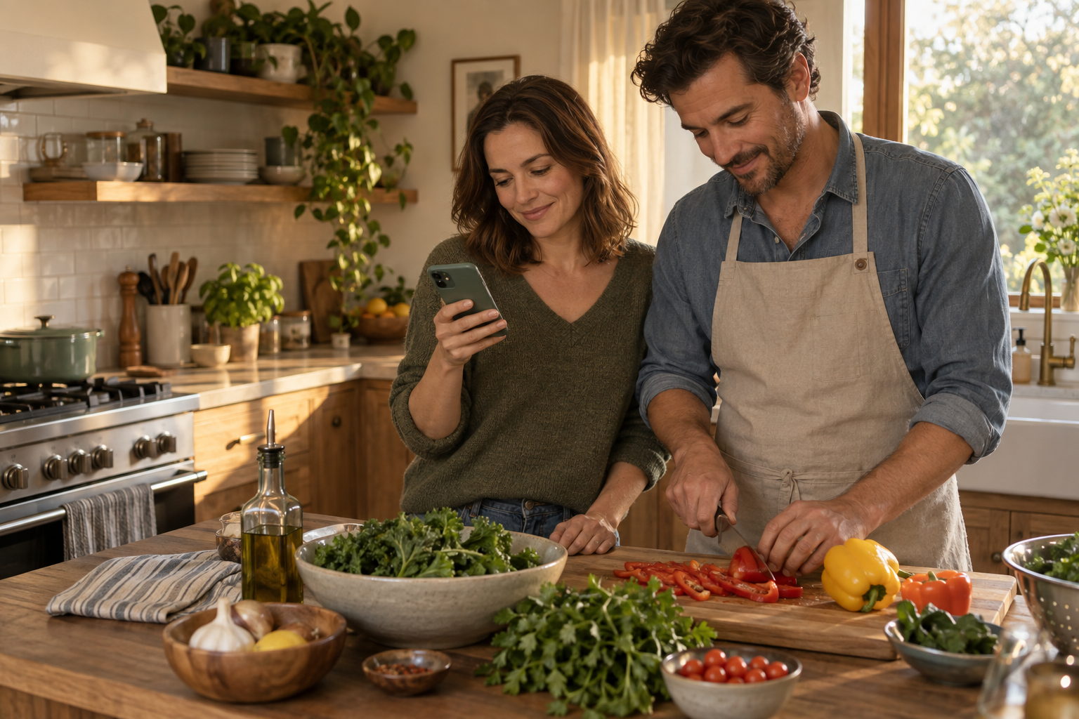 Illustrative scene of two home cooks preparing vegetables, one consulting a phone