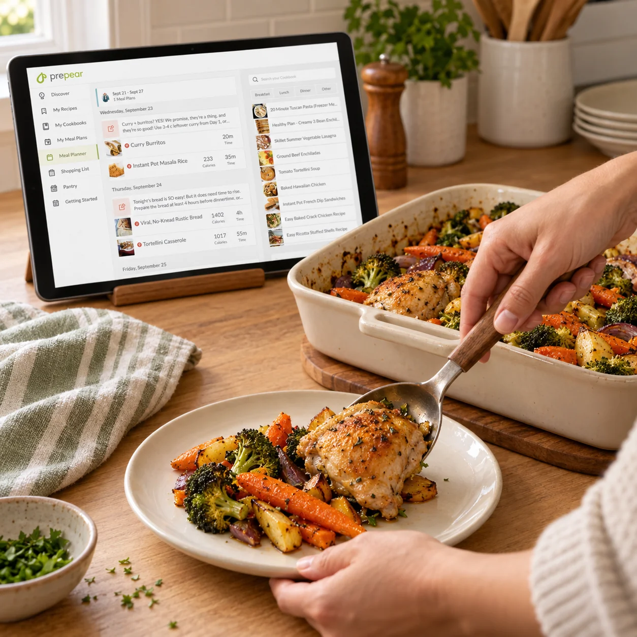 Serving roasted chicken and vegetables at home with Prepear’s meal planner on a nearby tablet