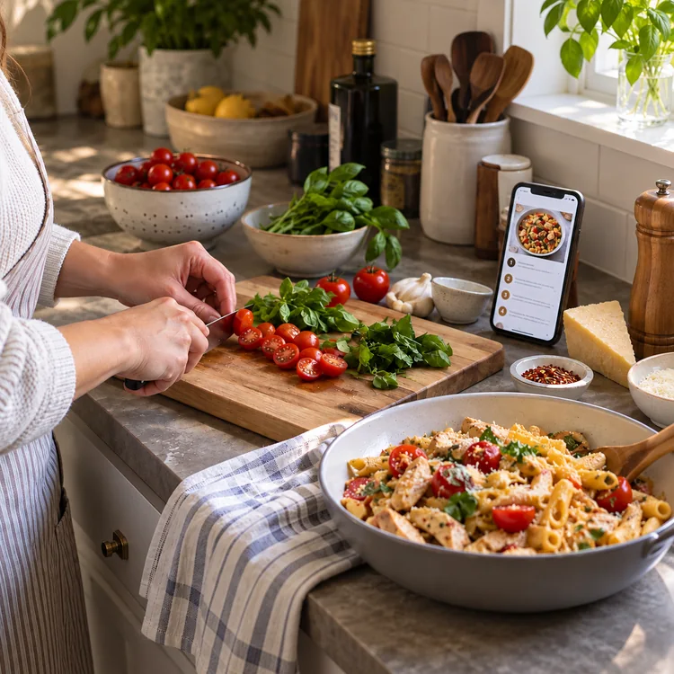Hands preparing tomatoes and herbs beside a phone displaying a recipe and a bowl of pasta