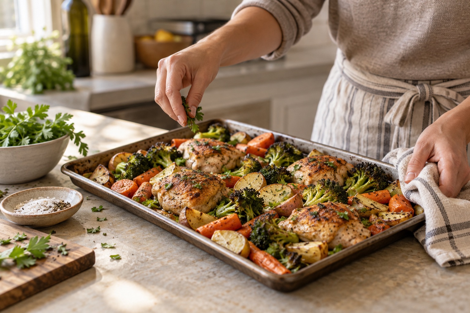 Home cook adding herbs to a sheet-pan chicken dinner with roasted vegetables.